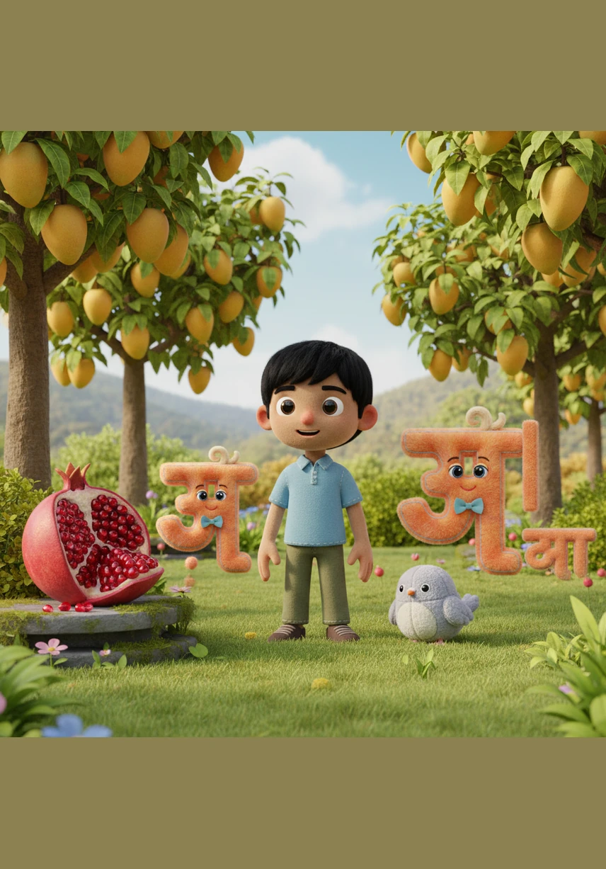 एक बड़े बाग में पहुँचकर आर्यन देखता है कि 'अ' से अनार के दाने मोतियों की तरह चमक रहे हैं और 'आ' से आम के पेड़ फलों से लदे हैं। यहाँ वह सीखता है कि कैसे 'आ' की मात्रा लगने से शब्दों की आवाज़ लंबी और गहरी हो जाती है।