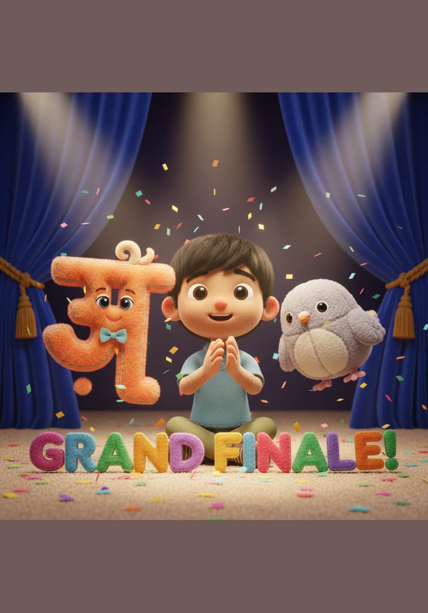 तभी 'त' से 'न' और 'प' से 'म' तक के अक्षरों की एक भव्य परेड शुरू होती है। आर्यन इन सभी व्यंजनों के साथ तालियाँ बजाता है और उनके अनोखे आकार और ध्वनियों को अपने मन में हमेशा के लिए बसा लेता है।