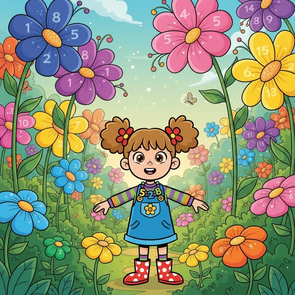 The gate opened into a vibrant garden, unlike any she had seen before. Towering above her were flowers of every color, each with a different number of petals. The taller the flower, the more petals it had, representing a larger number. Amelia was amazed by the sheer beauty and variety.
