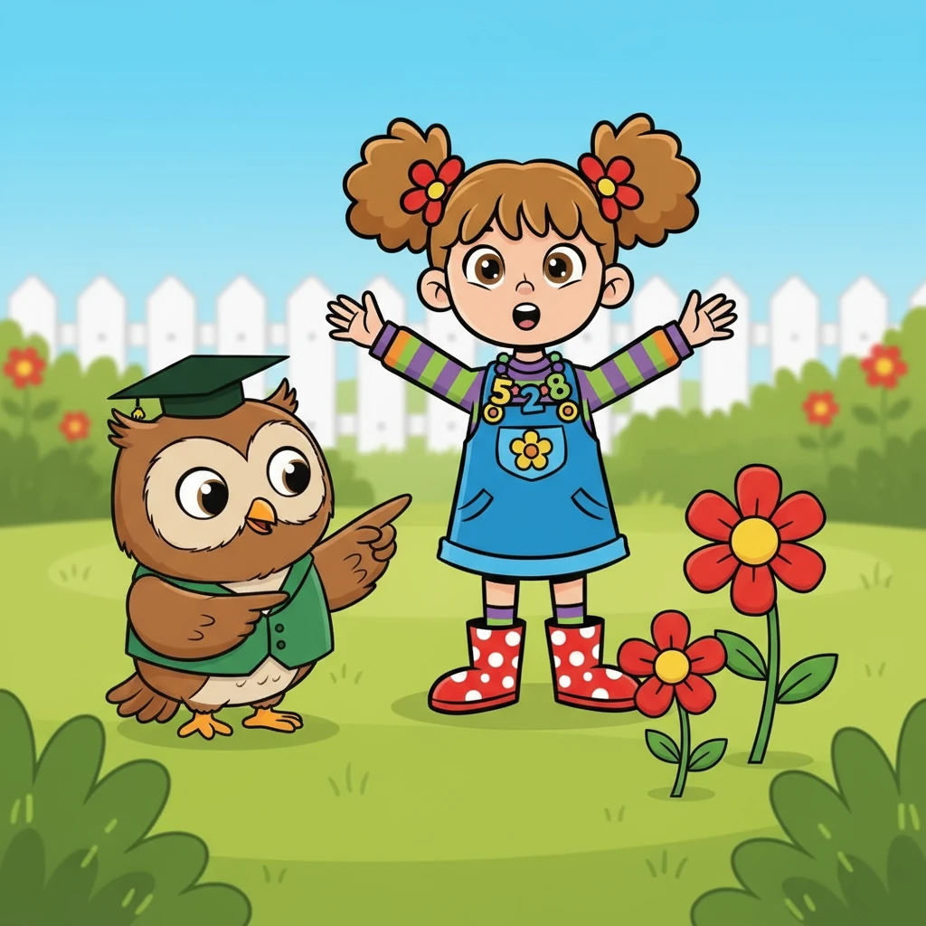 Mr. Owl pointed to two flowers. One had three petals, and the other had five. "See, Amelia? The flower with five petals is taller, so it has more. We say five is greater than three!" Amelia's face lit up with understanding.