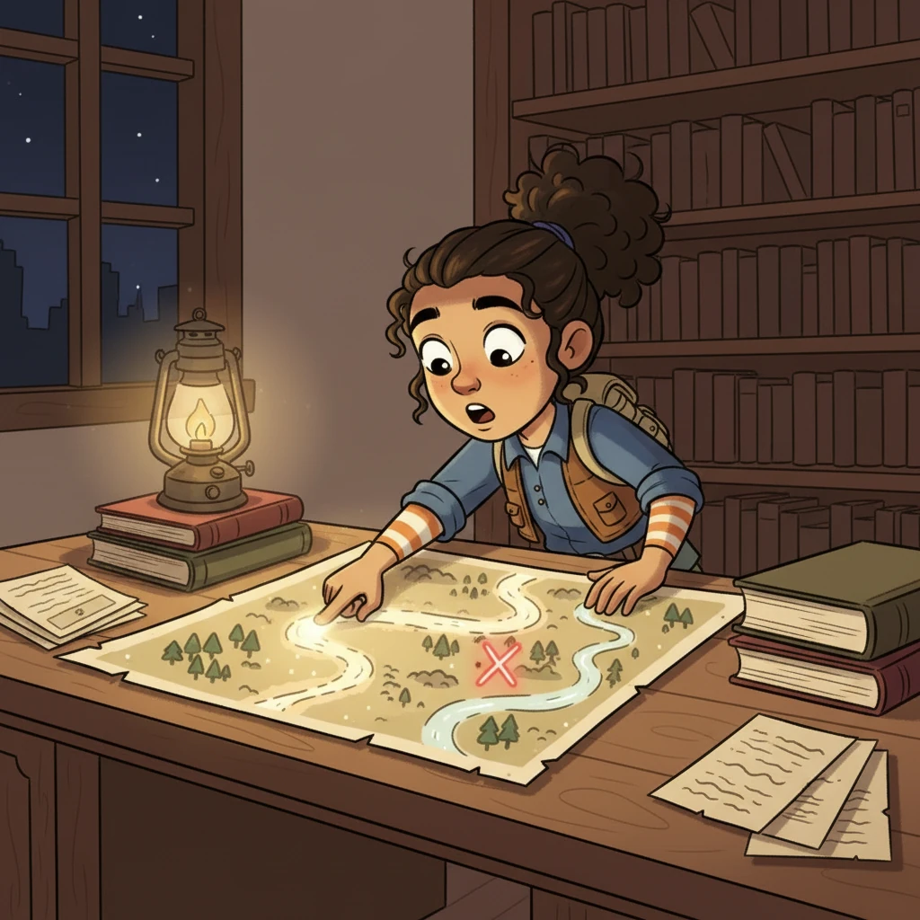 That night, as the clock struck midnight, Ari watched in awe as the map on their desk shimmered. The forest path twisted, the river's course shifted, and a new, flickering X appeared on the island. Ari gasped, realizing this wasn't just any map; it was alive.