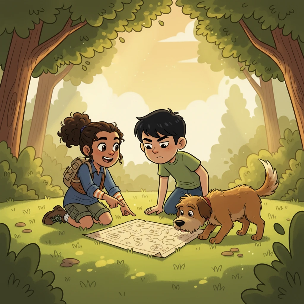 The next morning, Ari rushed to share the incredible discovery with their quick-witted best friend, Leo, and Buster, Ari's loyal, shaggy dog. Leo, with a skeptical but intrigued expression, studied the map, while Buster sniffed at it curiously. Together, they vowed to decipher its ever-changing clues.