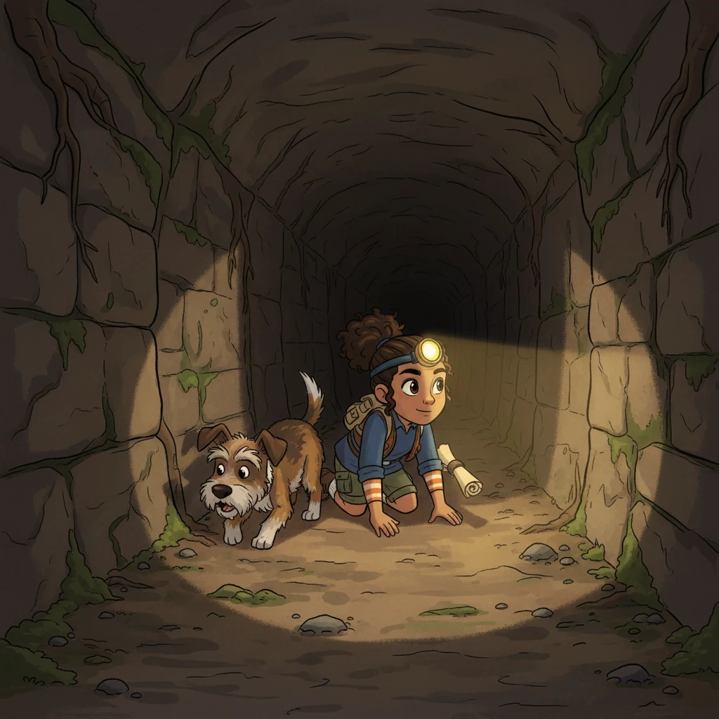 Following the map's first cryptic instruction, the trio found themselves in an overgrown alley behind the library, where a loose brick revealed a dark, narrow opening. Buster, sensing adventure, nudged his way through, leading Ari and Leo into a cool, earthy tunnel. The air grew thick with the scent of damp stone and forgotten secrets.
