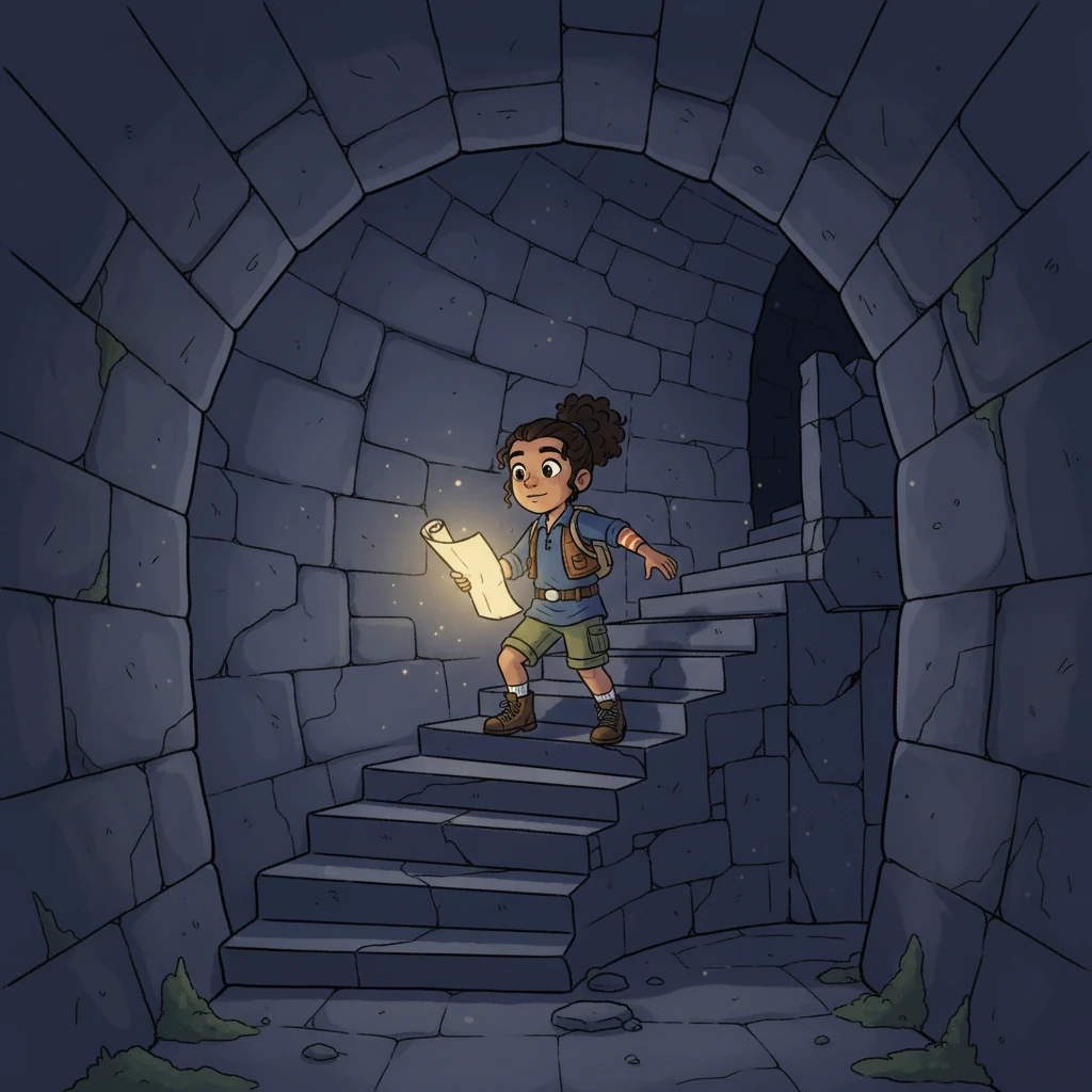 Deep within the tunnel, the map glowed faintly, pointing towards a crumbling section of wall. As they approached, a hidden pressure plate triggered a soft click, and a section of the wall silently slid aside, revealing a spiral staircase ascending into darkness. They climbed cautiously, their hearts pounding.