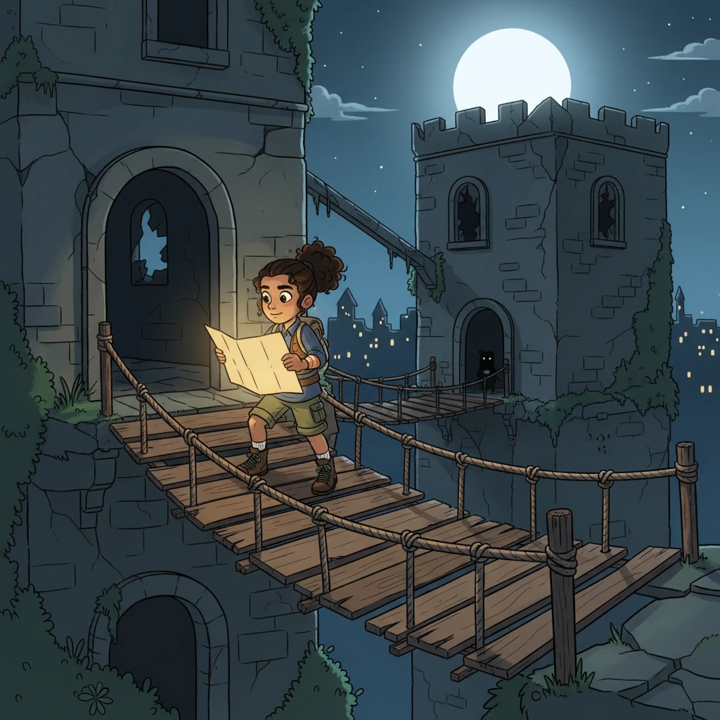 Emerging from the secret passage, they found themselves in the heart of an abandoned watchtower, its broken windows framing the moonlit town below. The map pulsed, showing a new route across a rickety wooden bridge connecting to another section of the tower. In the distant shadows, a fleeting shape seemed to dart away, observing them.