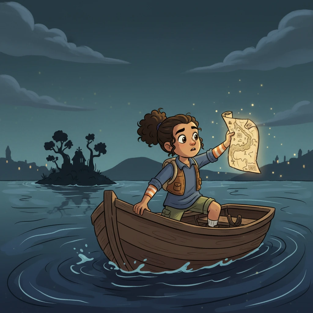 Following the shifting map, they navigated perilous ledges and crumbling staircases, eventually exiting the watchtower near the town's old canal. The map now showed a direct path across the dark, swirling water to a small, isolated island. An old, forgotten rowboat, half-submerged, offered their only way forward.
