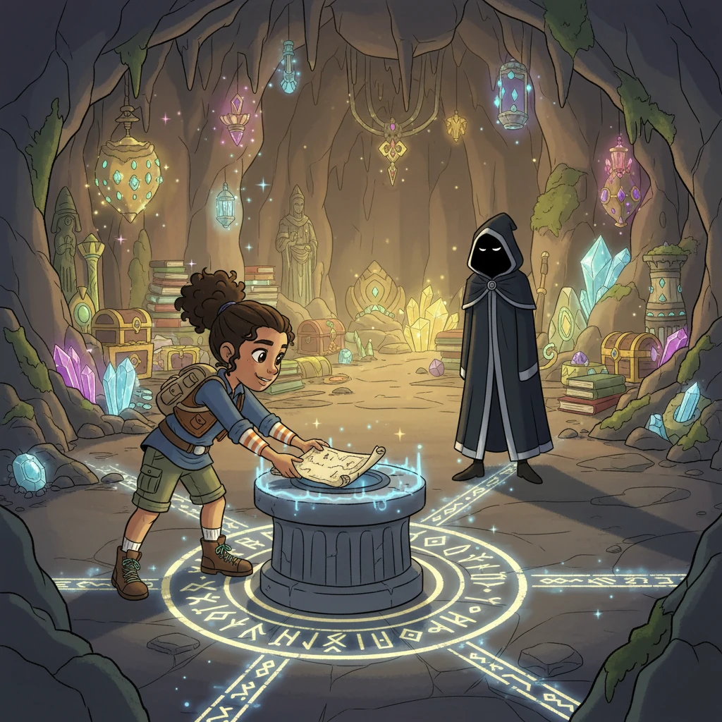 Inside the cave, a series of glowing runes illuminated a hidden pedestal. As Ari placed the map upon it, the runes pulsed and rearranged, revealing a breathtaking chamber filled with ancient artifacts and shimmering light. The shadowy figure, now fully visible as a cloaked guardian, stepped forward, not as an enemy, but as a silent, watchful protector of the map's secrets, indicating that this was merely the beginning of their grand adventure.