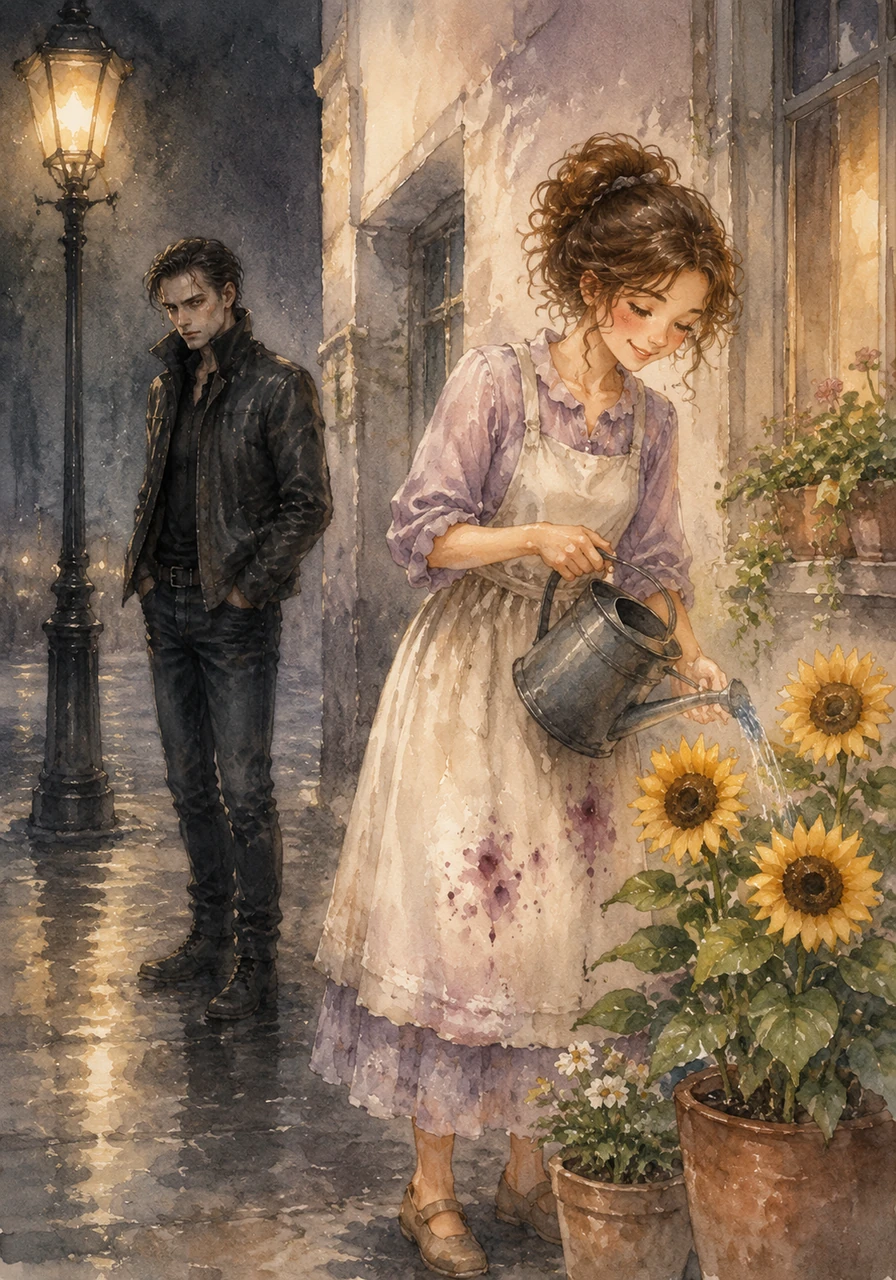 Silas stands under a flickering streetlamp, his leather jacket collar turned up against the chill, watching Lily laugh as she waters her potted sunflowers. He keeps his distance, feeling like a smudge of ink on her pristine, sun-drenched world.