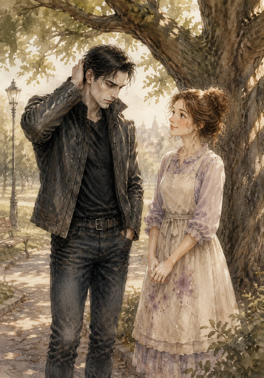 They meet in the quiet corner of the city park where the old oak tree casts long, protective shadows. Silas nervously brushes his hair back, trying to hide the jagged scar on his temple, while Lily smiles at him with eyes that see only kindness.