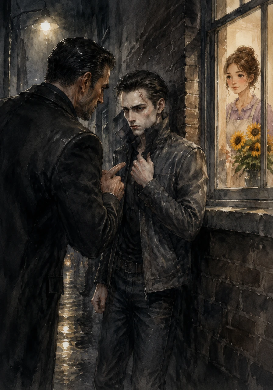The boss of the criminal syndicate corners Silas in a dark alleyway, demanding one last heist to prove his loyalty. Silas grips his coat tight, his knuckles white, as he thinks of the sunflowers on Lily's windowsill and knows he cannot return to that life.