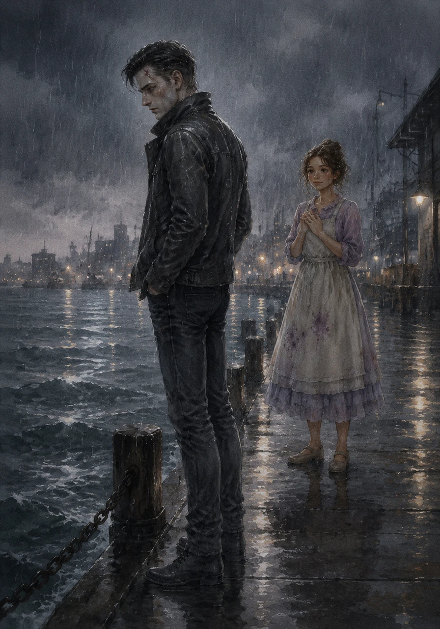 Rain begins to pour, drenching the city streets in a slick, reflective glaze that mirrors the turmoil in Silas’s heart. He stands at the edge of the docks, watching the dark water churn, contemplating how to break free from the only world he has ever known without dragging Lily into the storm.