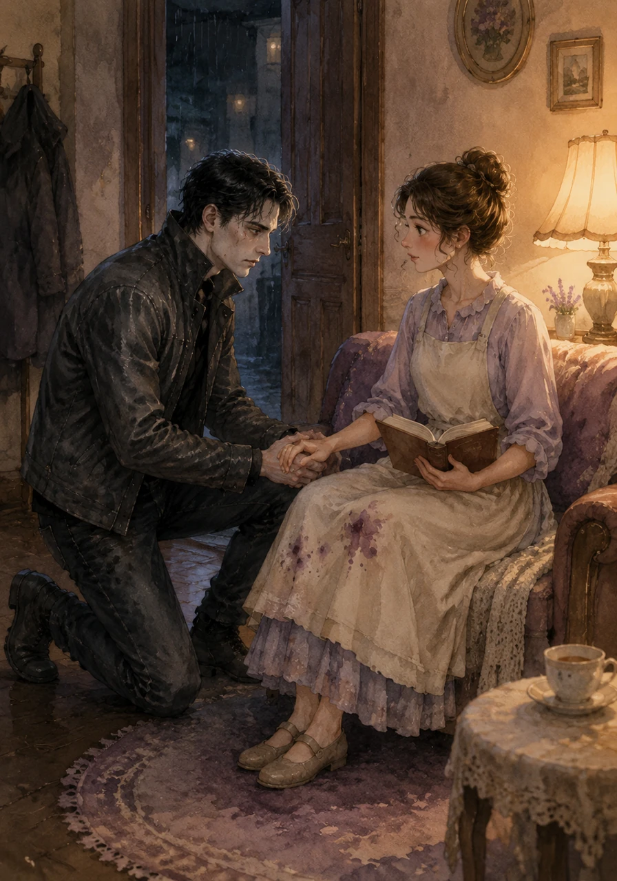 Silas walks into Lily's apartment, his clothes damp and his face pale, and finds her reading by the warm glow of a lamp. He does not say a word, just sinks to his knees and holds her hand, finally deciding that his love for her is worth more than the loyalty he owed to the shadows.