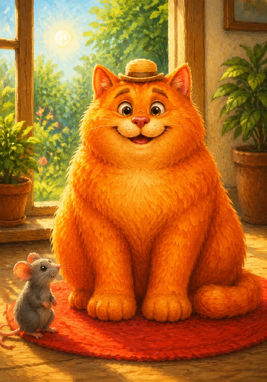 Pat is a big orange cat with soft fur. Pat sat on a bright red mat in the warm morning sun.