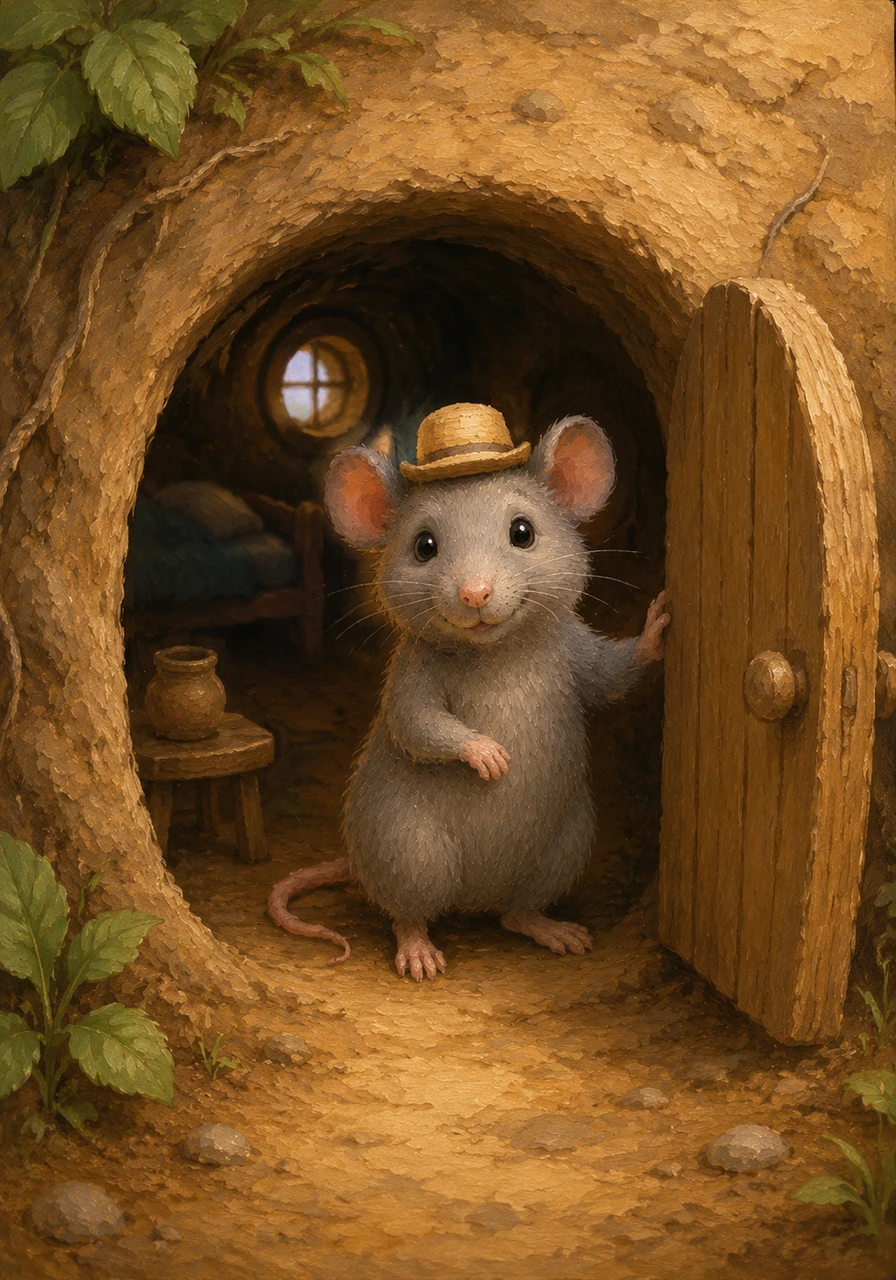 Nat is a little gray rat who lives in a small hole. Nat has a tiny tan hat that he wears on his head.