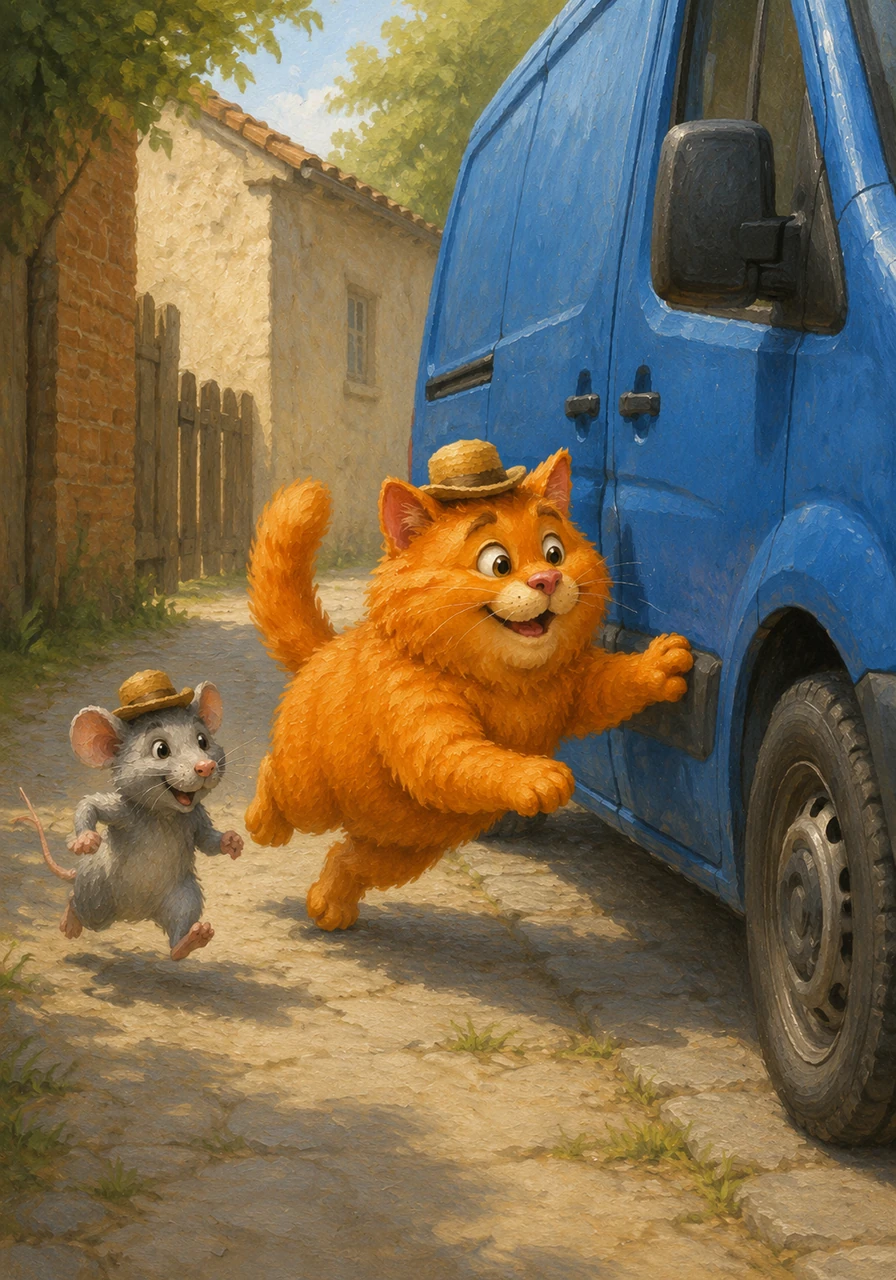 Nat ran fast to a big blue van parked in the lane. Pat ran fast to the van to see where Nat would go.