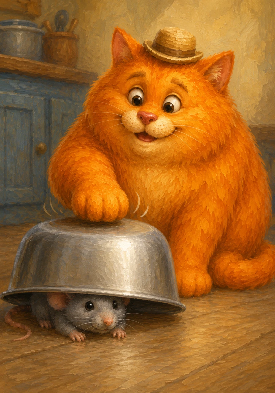 Nat hid under a shiny silver pan on the ground. Pat saw the pan and tapped it gently with his big orange paw.