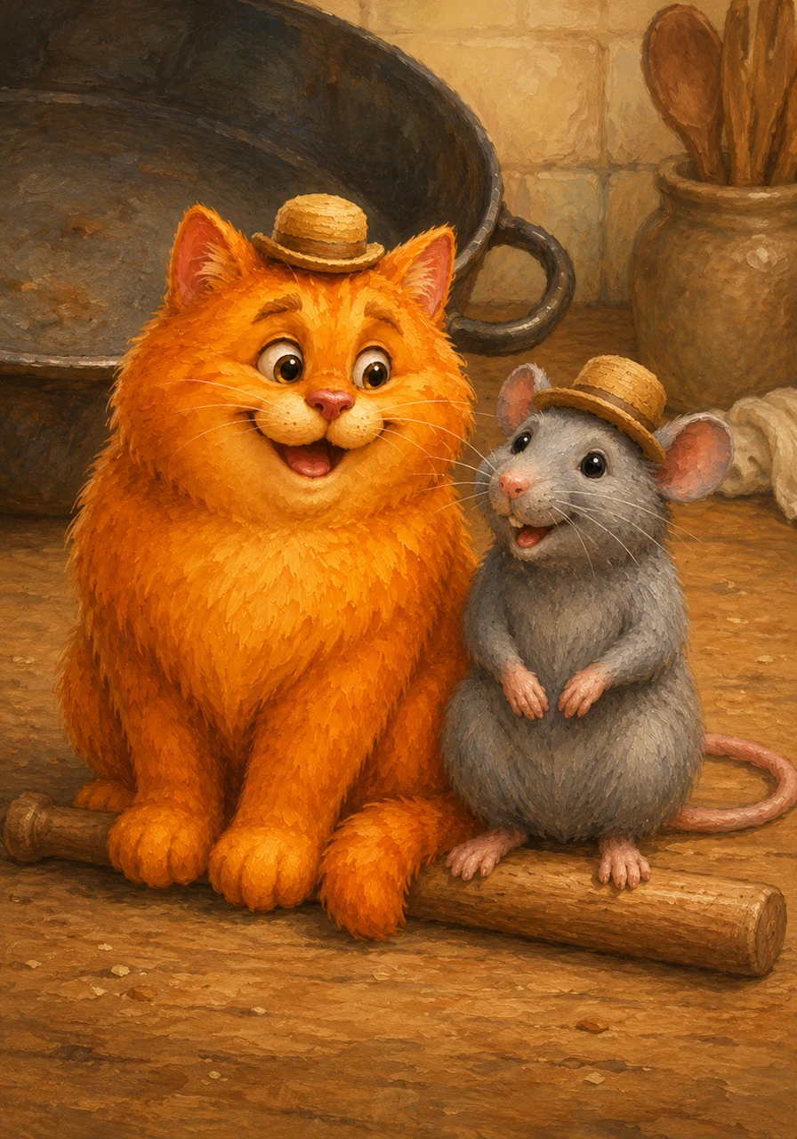 Nat hopped out from the pan and sat on a wooden bat. Pat sat down next to him and let out a happy meow.