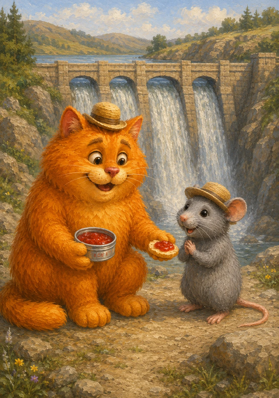 The two new friends walked together to a big stone dam. Nat had a small tin of sweet red jam to share for a snack.