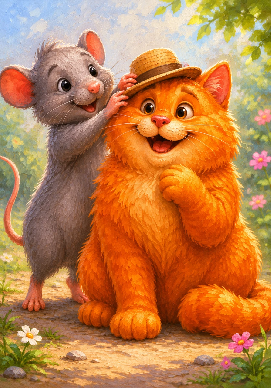 Nat took off his tan hat and put it on Pat's head. Pat was a very glad cat to wear such a fine hat.