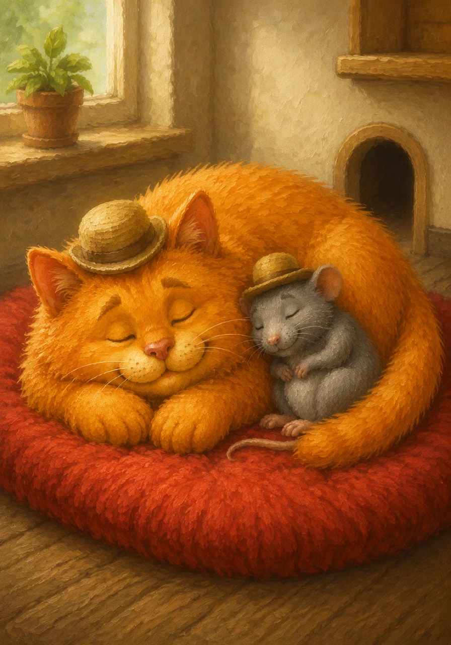 Now Pat and Nat are the best of pals. The cat and the rat nap together on the soft red mat.