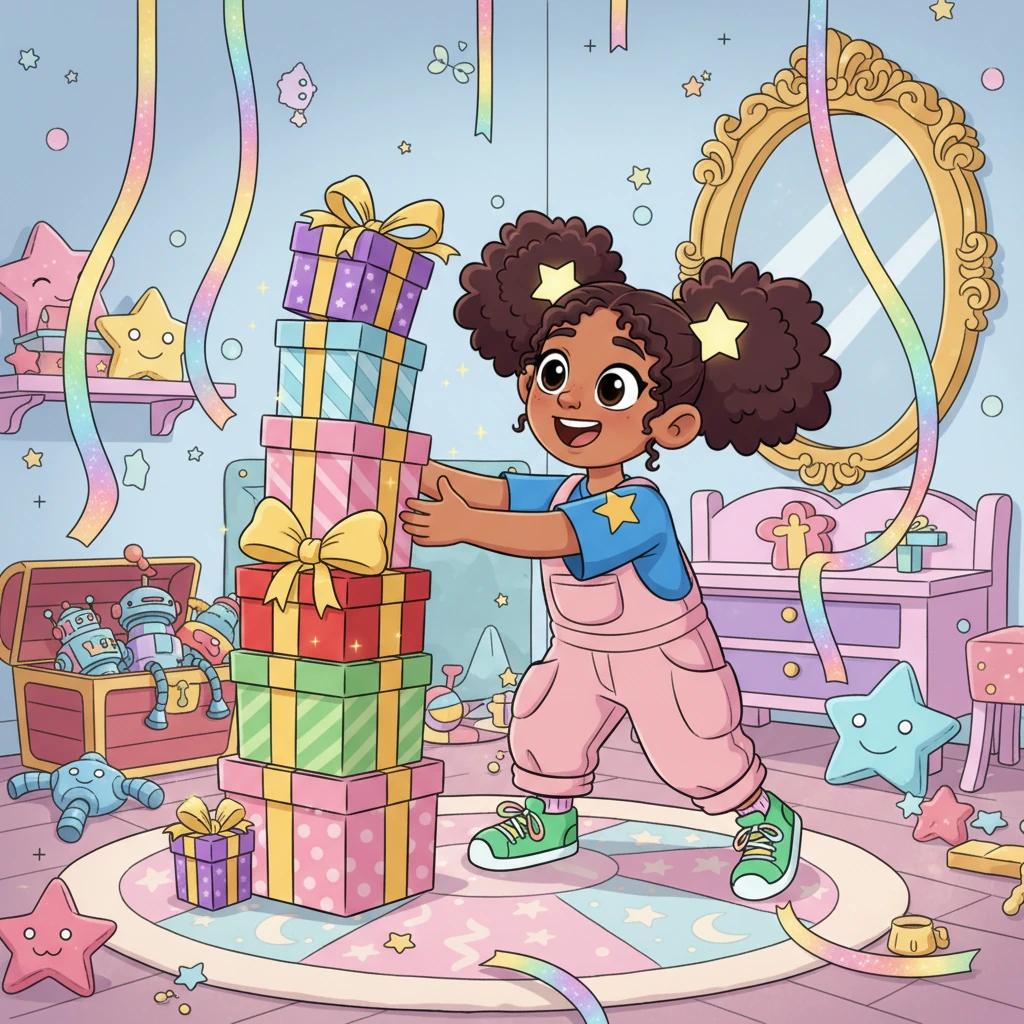 Lumi, a cheerful little hero, loved everything that sparkled and shone. Her room was filled with glittering toys, shiny ribbons, and brightly wrapped gifts, making her eyes twinkle with delight. She believed only the most dazzling things held any wonder.