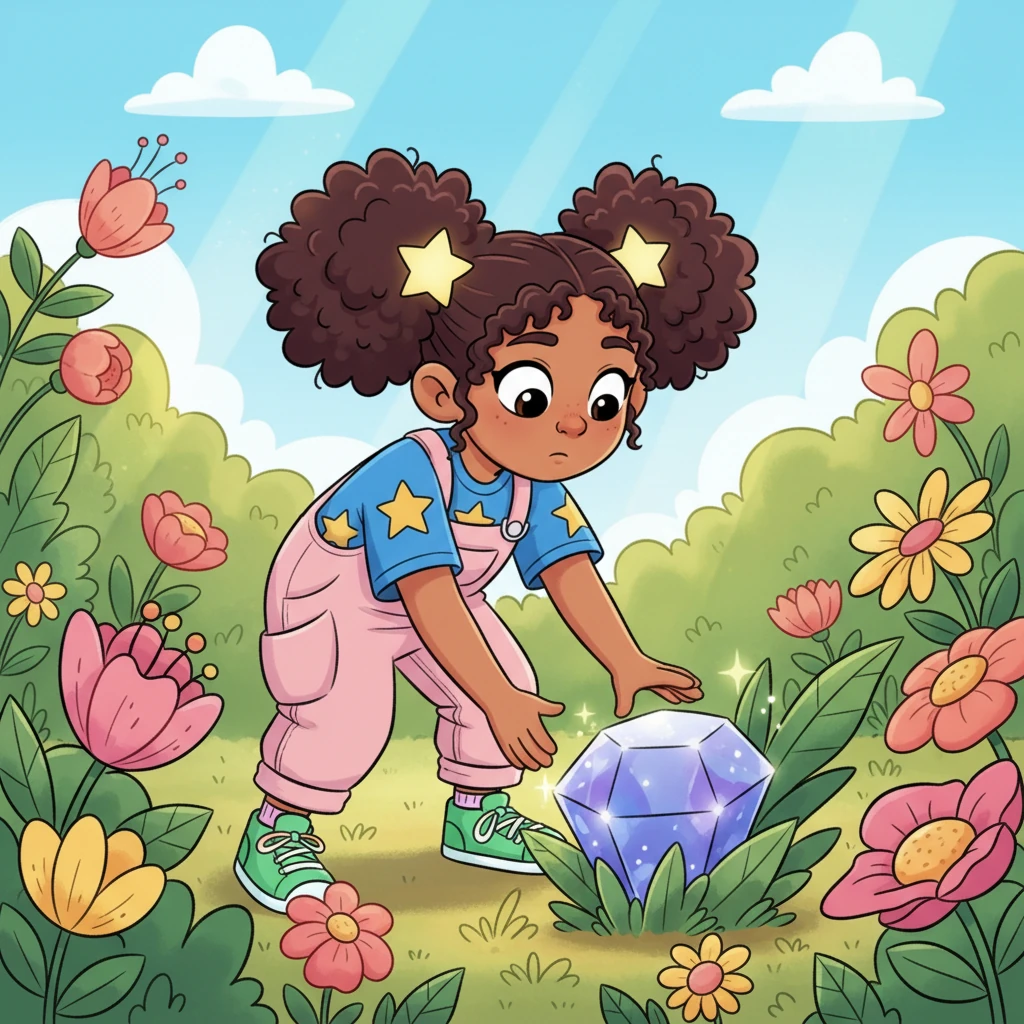 One sunny afternoon, Lumi played in her vibrant, flower-filled garden, searching for new treasures. Her gaze swept past green leaves and colorful petals, always seeking something that shimmered. She hoped to find a magnificent, gleaming gem.