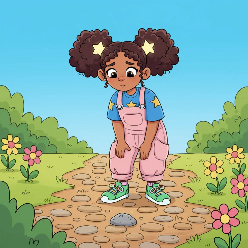 Suddenly, her eyes landed on a small, dull gray stone lying innocently on the garden path. It looked so plain, without a single spark or shimmer. Lumi's cheerful smile slowly faded, replaced by a look of mild disappointment.