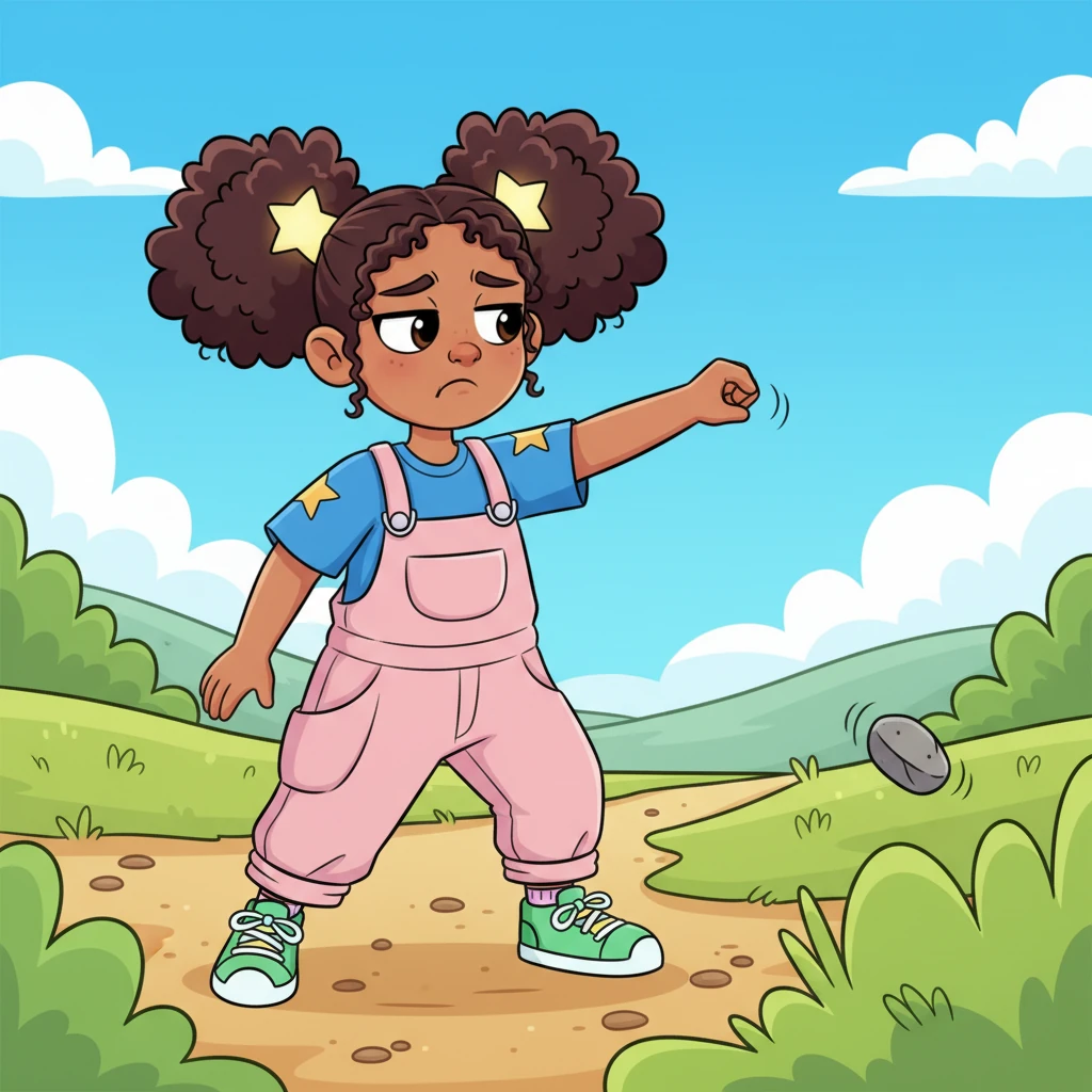 With a dramatic sigh and a flick of her wrist, Lumi declared, "This is boring!" She tossed the uninteresting stone aside without a second thought. It rolled gently into a patch of soft grass, forgotten.