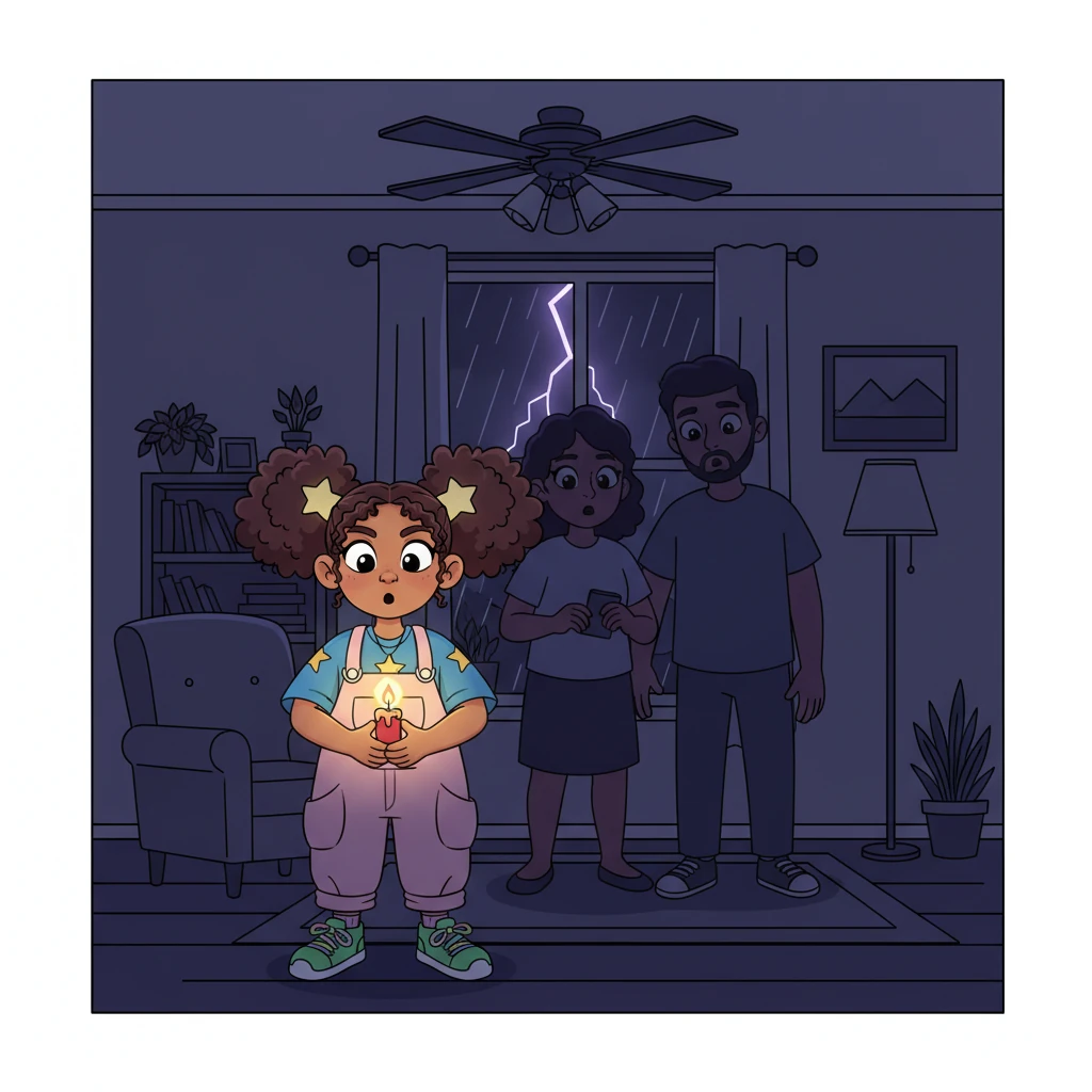As evening approached, a sudden storm caused the lights to flicker and then plunge the entire house into darkness. The familiar rooms became shadowy and mysterious, filled with a quiet hush. Lumi and her family were left in the gloom.