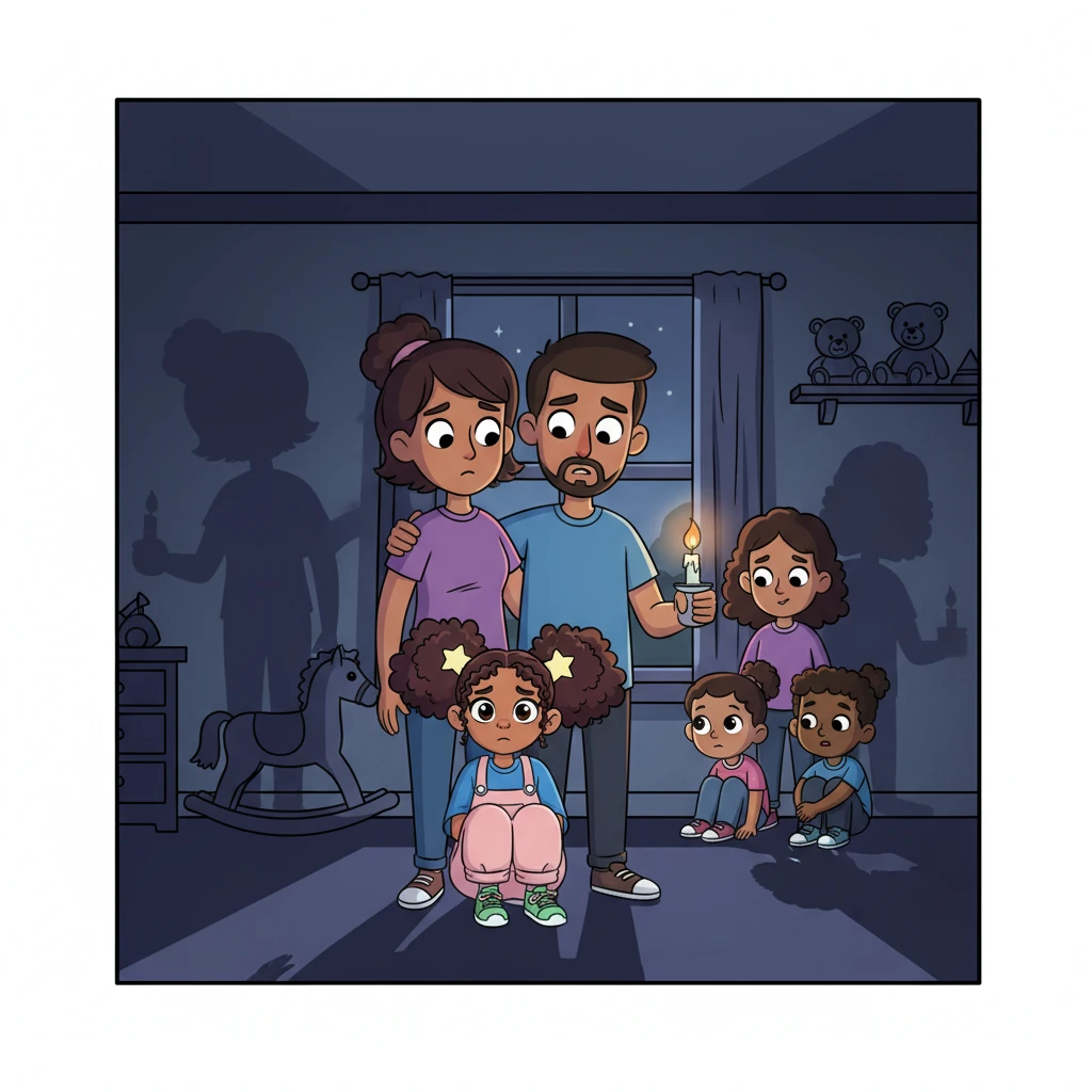 The younger children started to feel a little scared in the sudden darkness, huddling close to their parents. Shadows danced eerily on the walls, making familiar objects seem strange and a bit spooky. Lumi felt a shiver too.