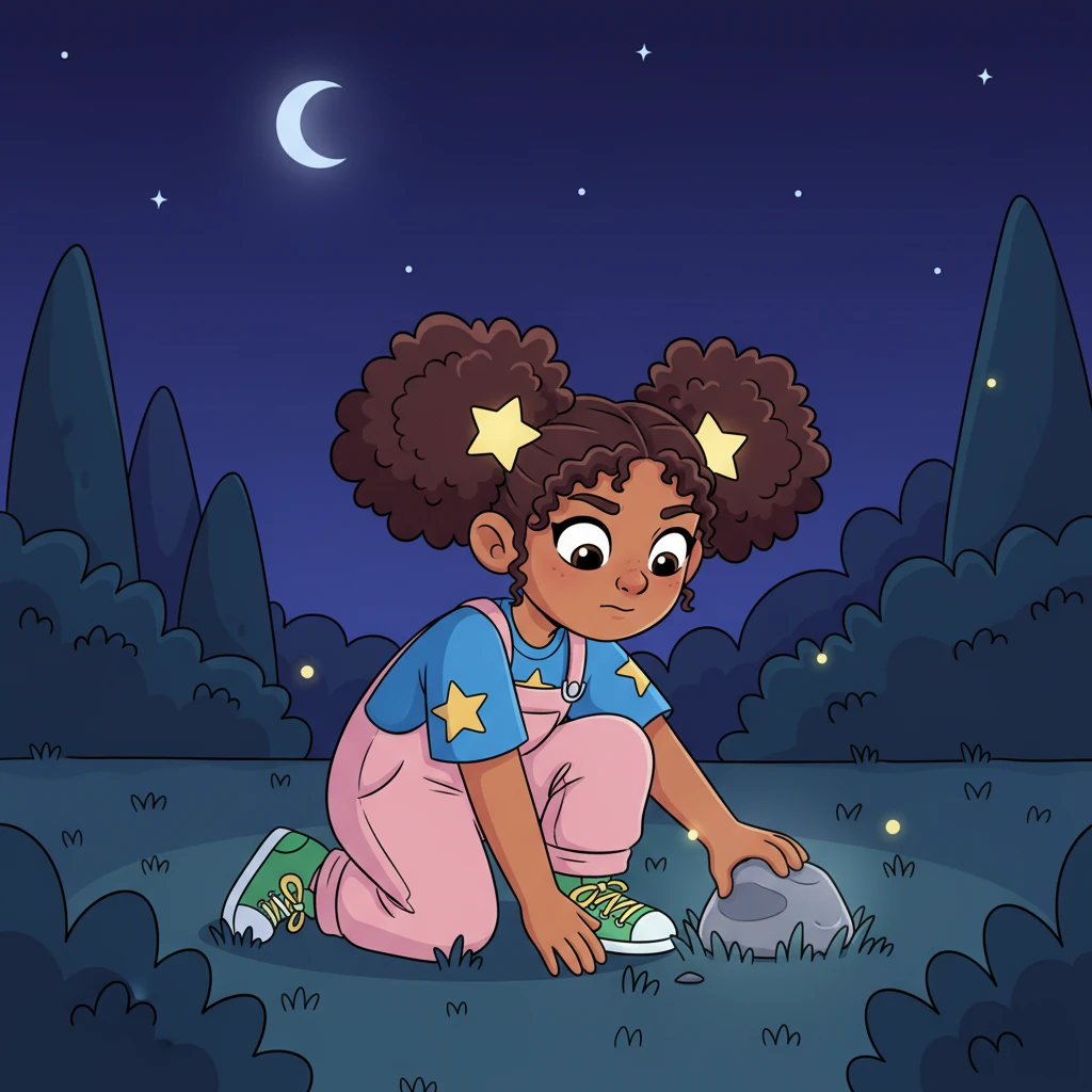 Taking a deep breath, Lumi bravely ventured into the dark garden, feeling her way along the path she knew so well. Her hands searched through the cool grass until her fingers brushed against the smooth surface of the forgotten stone. She clutched it tight.