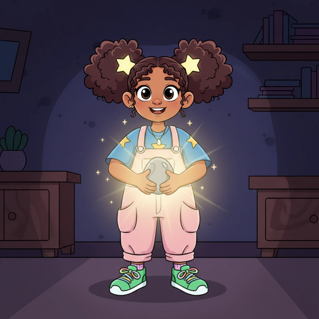 Back inside, as Lumi held the gray stone, a wondrous thing happened! It began to glow with a soft, warm, gentle light, pushing back the shadows. Her eyes widened in amazement, and a joyous smile spread across her face.