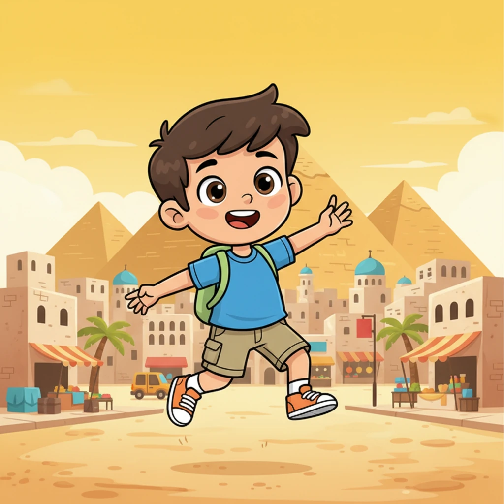 Léo, un jeune aventurier, atterrit au Caire. Ses yeux brillent en apercevant déjà les pointes des pyramides à l'horizon, une promesse d'aventure. La ville bourdonne d'énergie, un mélange excitant de sons et de couleurs. Il est prêt à explorer les merveilles de l'Égypte.