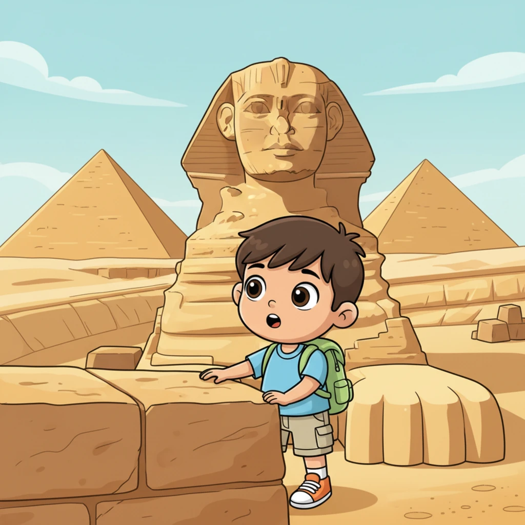 Devant l'immensité des pyramides de Gizeh et la majesté du Sphinx, Léo se sent tout petit. Il touche une pierre chaude, imaginant les secrets millénaires qu'elles recèlent. Le soleil d'Égypte éclaire ce panorama grandiose, le laissant bouche bée.