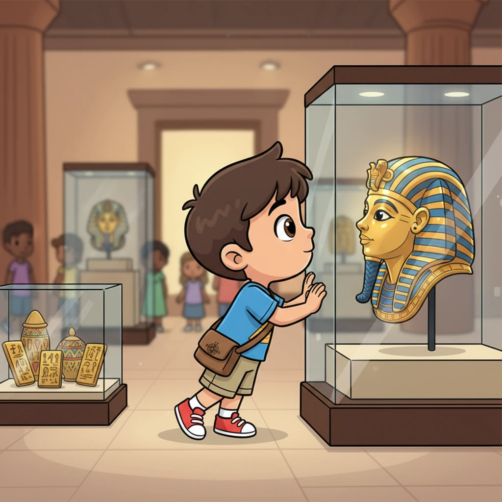 Au Musée Égyptien du Caire, Léo est fasciné par le trésor de Toutankhamon. Il contemple le masque d'or, imaginant la vie des pharaons et les histoires gravées dans les hiéroglyphes. Chaque vitrine est une fenêtre sur le passé glorieux.