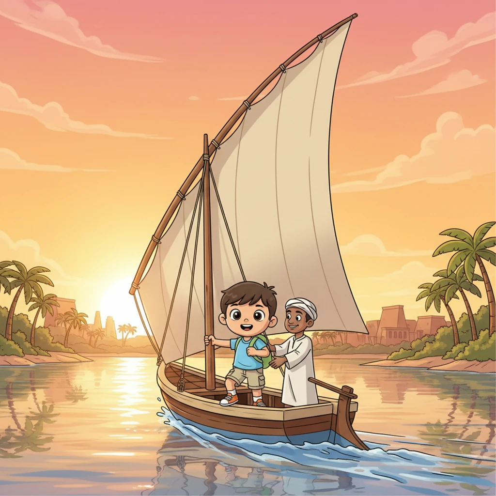 Léo monte à bord d'une felouque traditionnelle. Le vent gonfle la voile tandis qu'il glisse sur les eaux calmes du Nil, regardant le soleil se coucher sur les rives verdoyantes. C'est un voyage paisible et magnifique vers Louxor.