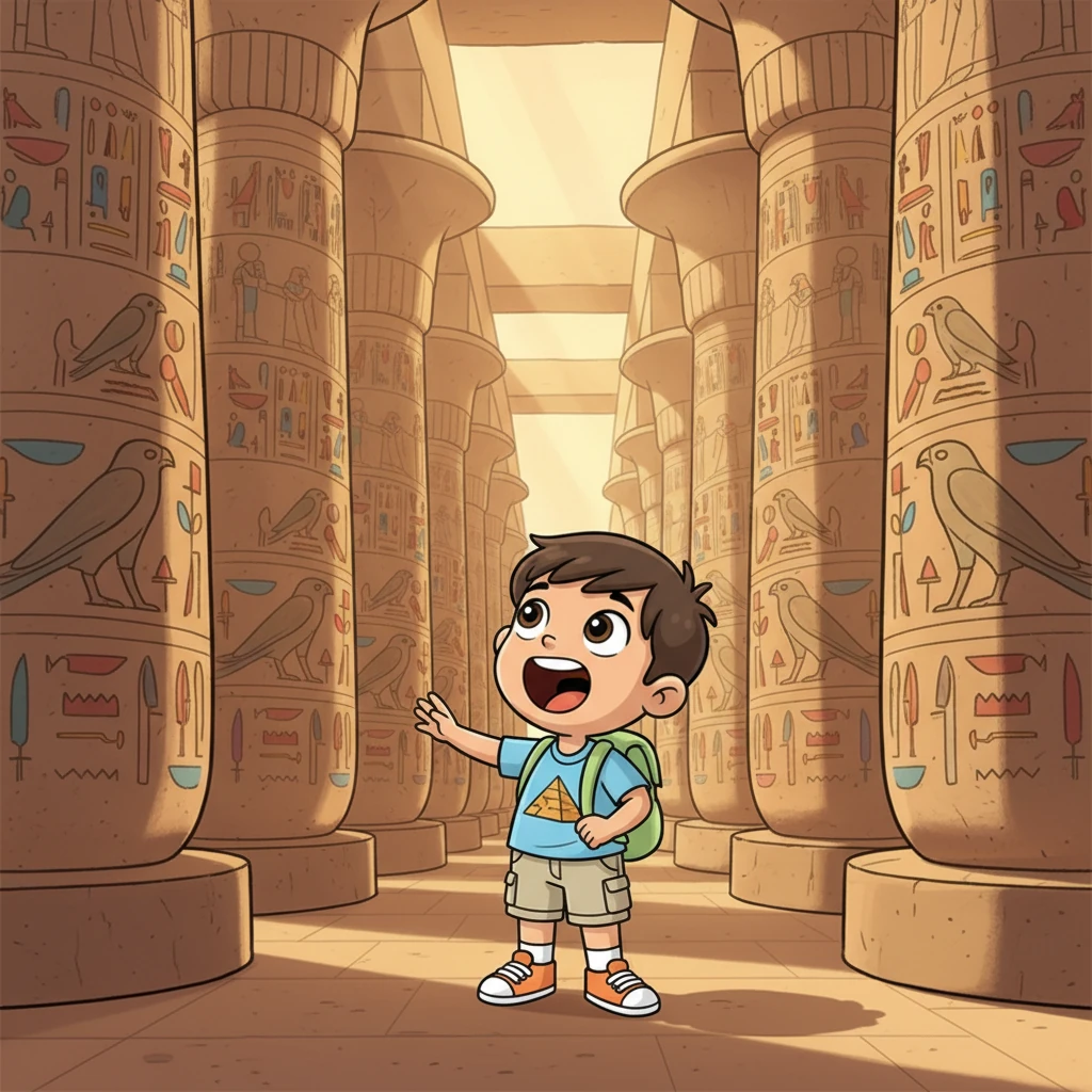 À Karnak, Léo est émerveillé par la forêt de colonnes colossales. Il longe les murs ornés de hiéroglyphes, se sentant transporté à l'époque des grands prêtres et des rituels ancestraux. Le silence est rempli d'histoire et de grandeur.