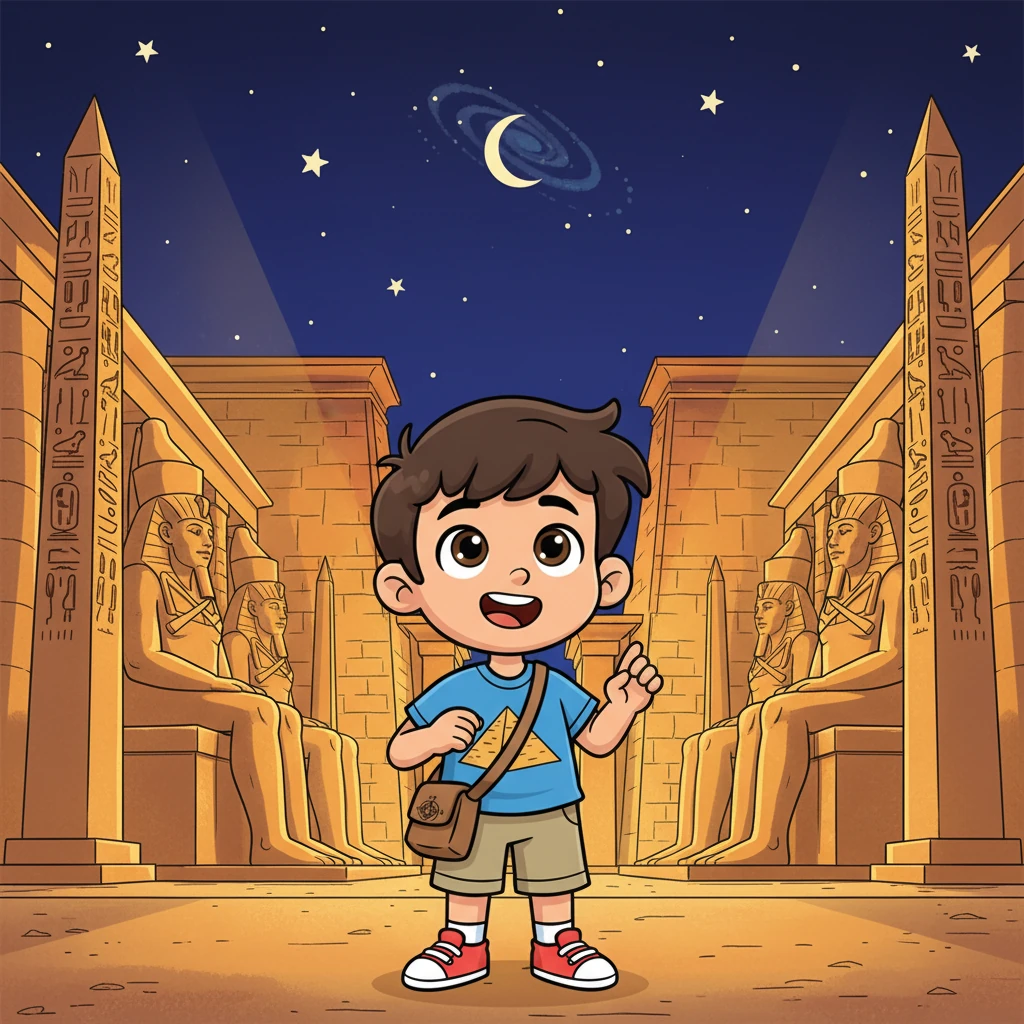 Le Temple de Louxor s'illumine sous le ciel étoilé. Léo admire les statues et les obélisques baignés d'une lumière chaude, créant une atmosphère magique et mystérieuse. Le passé prend vie sous ses yeux éblouis par cette beauté nocturne.