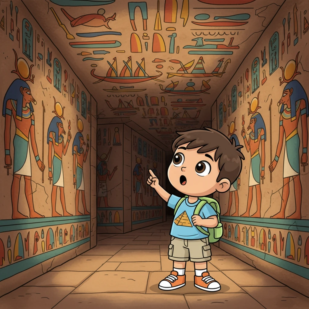 Dans la Vallée des Rois, Léo explore une tombe royale. Les peintures murales aux couleurs éclatantes racontent des histoires de dieux et de déesses, des voyages vers l'au-delà, le laissant sans voix. Chaque recoin est une découverte fascinante.