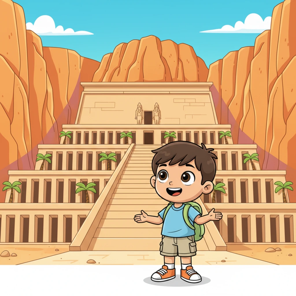 Léo découvre le temple funéraire d'Hatchepsout, taillé dans la roche avec ses terrasses élégantes. L'architecture moderne pour son époque le surprend par sa grandeur et sa beauté unique. Il imagine la reine puissante qui a commandité cette merveille.