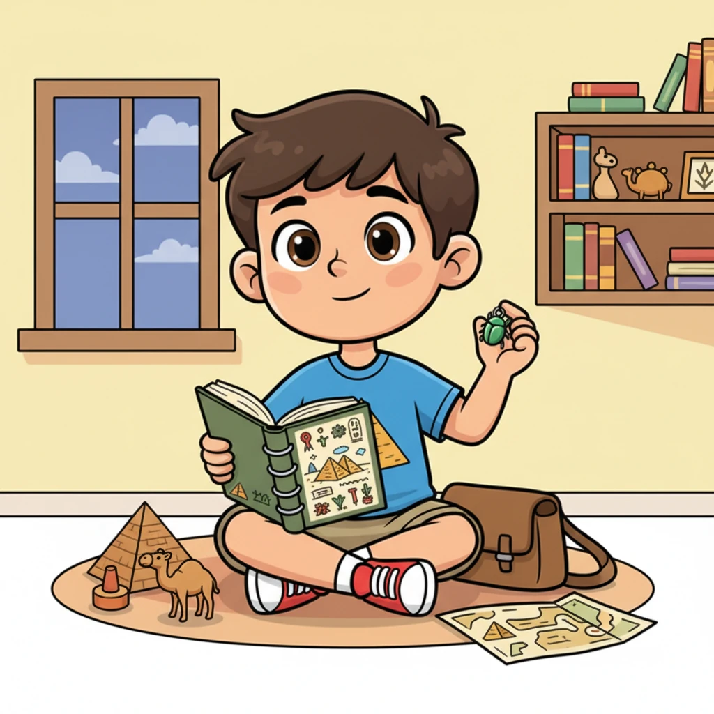 De retour chez lui, Léo feuillette son carnet de voyage, rempli de croquis et de souvenirs. Il tient un petit scarabée porte-bonheur, le cœur plein de l'Égypte et de ses merveilles inoubliables. Cette aventure restera gravée dans sa mémoire pour toujours.