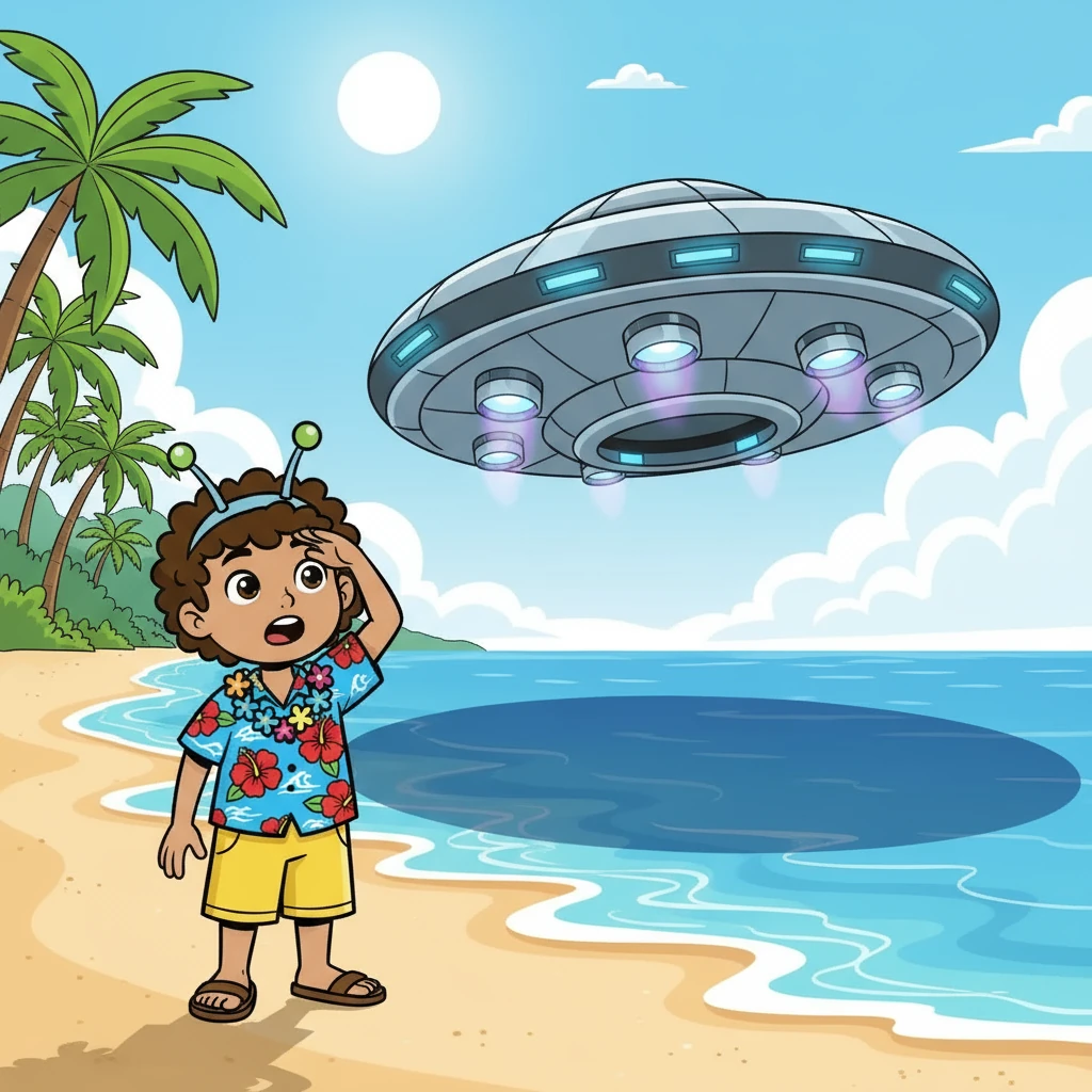 Ali, seeking a peaceful vacation from his kids, arrived in Hawaii. The sun shone, the waves crashed gently, and he headed towards the beach. Suddenly, a giant, circular jet appeared, hovering over the shore, and Ali's relaxing getaway took a very unexpected turn.