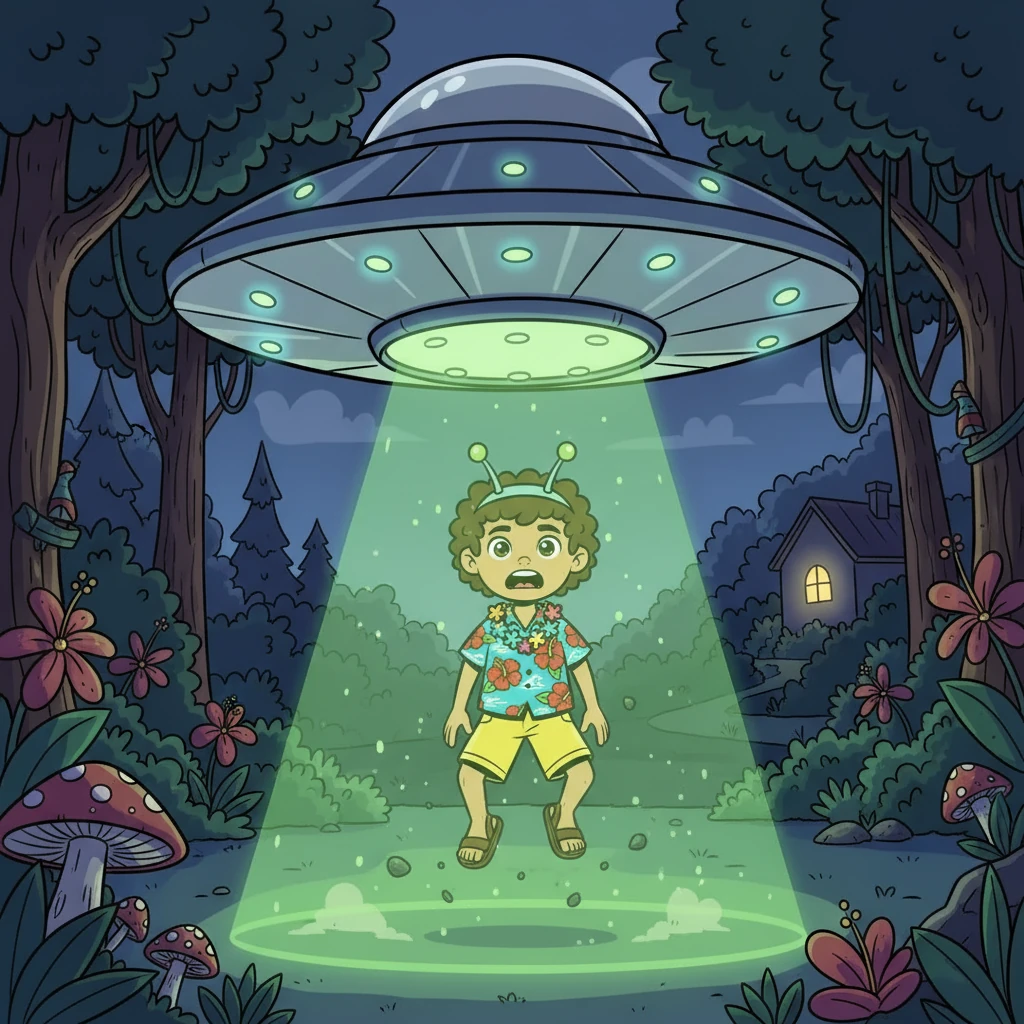 The circular jet, a vessel of unknown origin, lowered itself, and a tractor beam captured Ali. He was whisked away, his peaceful thoughts replaced by a mix of fear and disbelief. He had been abducted by aliens!