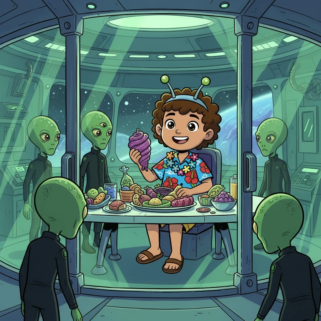 Inside the alien ship, Ali found himself in a luxurious, yet bizarre, setting. Green and black creatures, the ship's crew, observed him. He was then placed in a futuristic jail cell, but it came with unlimited food, so Ali decided to try the menu.
