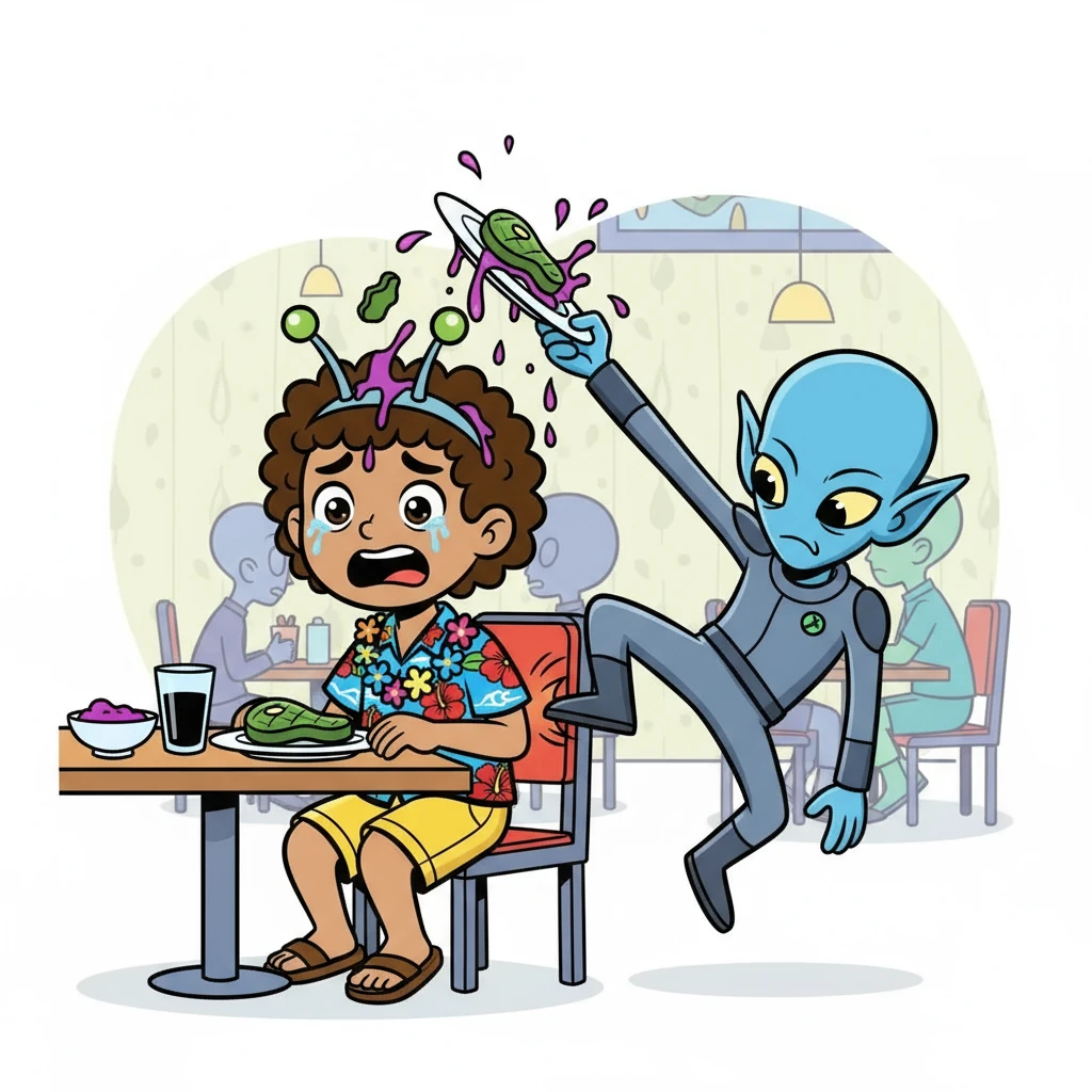 Ali ordered a steak and water, but the food was shockingly disgusting. The steak was green, the water black, and the dipping sauce was purple. Just as he was about to give up, a bossy blue alien kicked him and threw his food on his head.