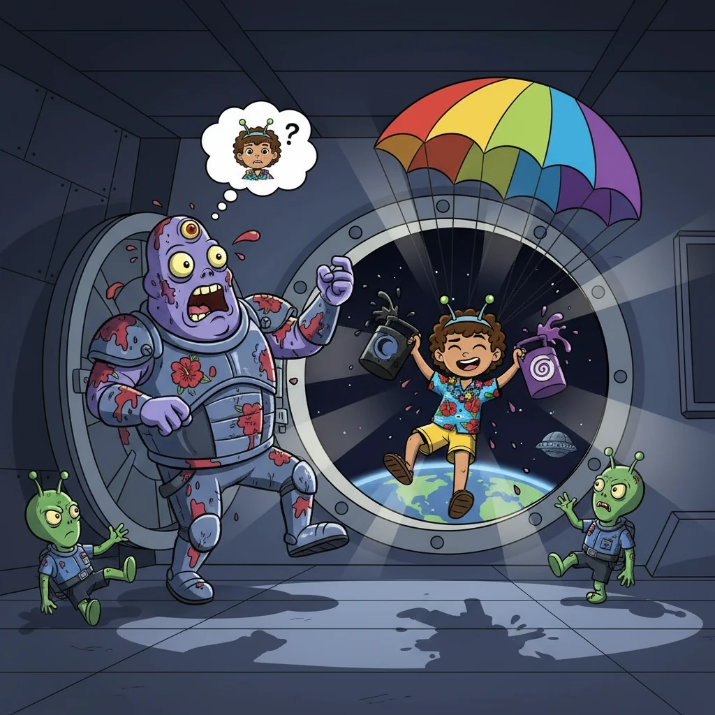 Ali arrived back on the ship, armed with black water and purple sauce! He splashed the boss alien and his guards, then jumped out of the ship with a parachute, leaving the boss alien covered in alien food and realizing he'd messed with the wrong guy.