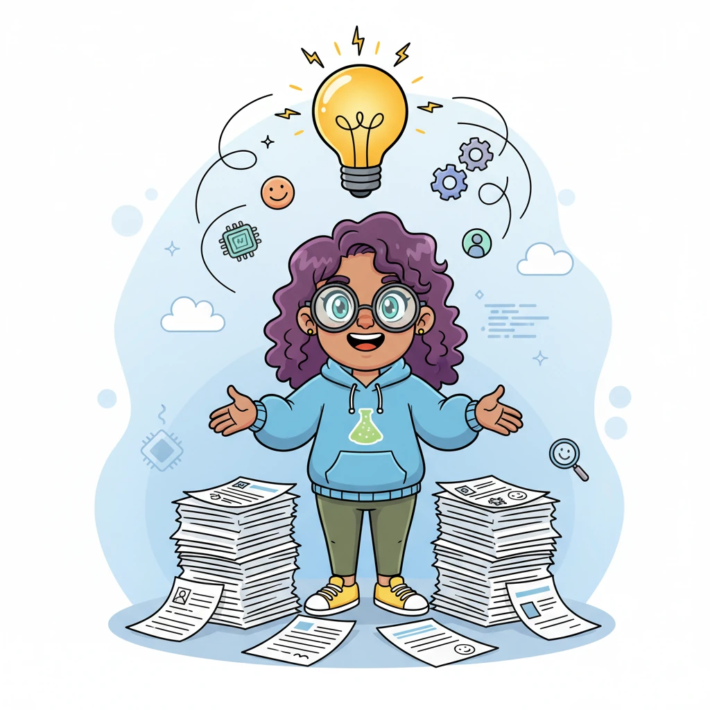 Byte Sparkle, a curious little programmer with oversized glasses and a beaming smile, gazes at a pile of resumes and job descriptions. A bright lightbulb zings above their head, sparking an idea for a clever new tool. Byte imagines a world where everyone finds their perfect job match with a little help from code.