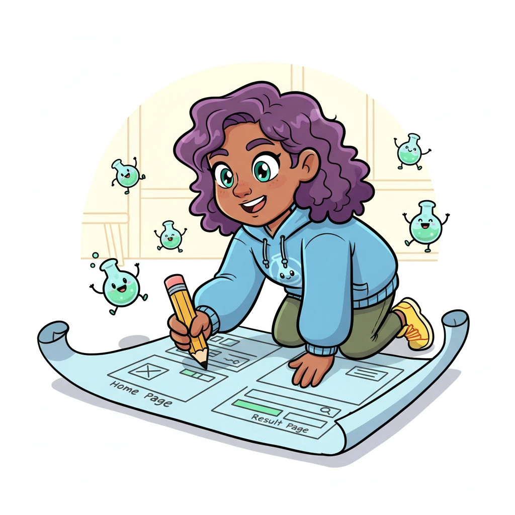 Byte sketches enthusiastically on a giant blueprint, outlining two main 'rooms' for their web app: a welcoming Home Page and a shiny Result Page. Tiny Flask bottles dance around the blueprint, symbolizing the framework they'll use to build their creation. Byte's eyes sparkle with determination, ready to bring their digital dream to life.