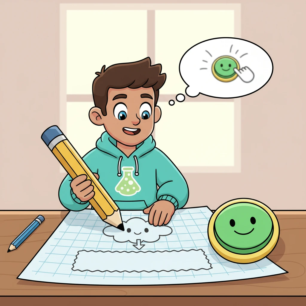 On the Home Page blueprint, Byte carefully draws a friendly cloud icon for resume uploads and a big, inviting text box for pasting job descriptions. A giant, cheerful 'Submit' button sits ready for action. Byte imagines users clicking it, excited to see what their new tool can do.