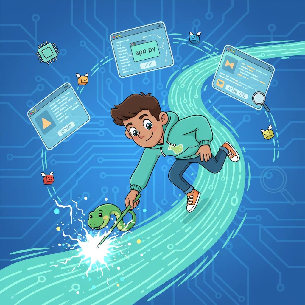 Byte dives into the glowing lines of code, building the sturdy backend of their Flask application. With a magic wand shaped like a Python serpent, they create the main `app.py` file and connect the routes for the Home and Analyze pages. Little data packets zip around, eager to follow their new pathways.